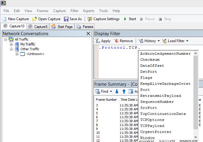 Снимок экрана: Netmon, на котором показано, что в поле Фильтр отображения используется intellisense.
