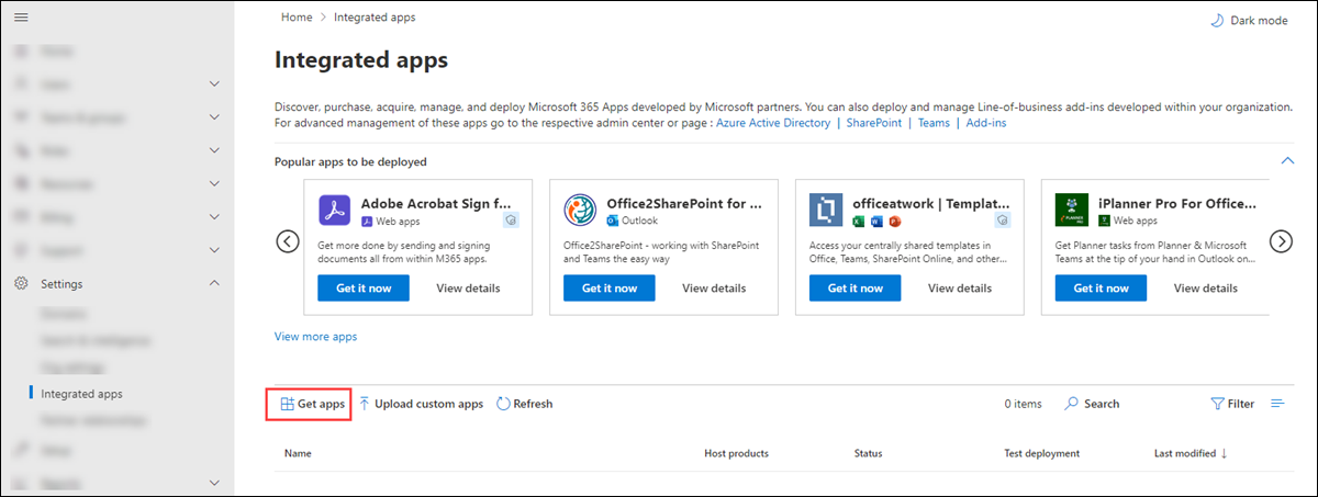 Страница Интегрированные приложения в Центр администрирования Microsoft 365, где выберите Получить приложения.