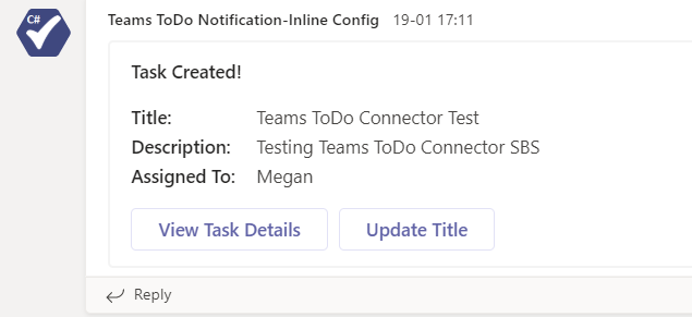 Снимок экрана: toDo Notification-Inline Config Teams с подробными сведениями о созданной задаче.