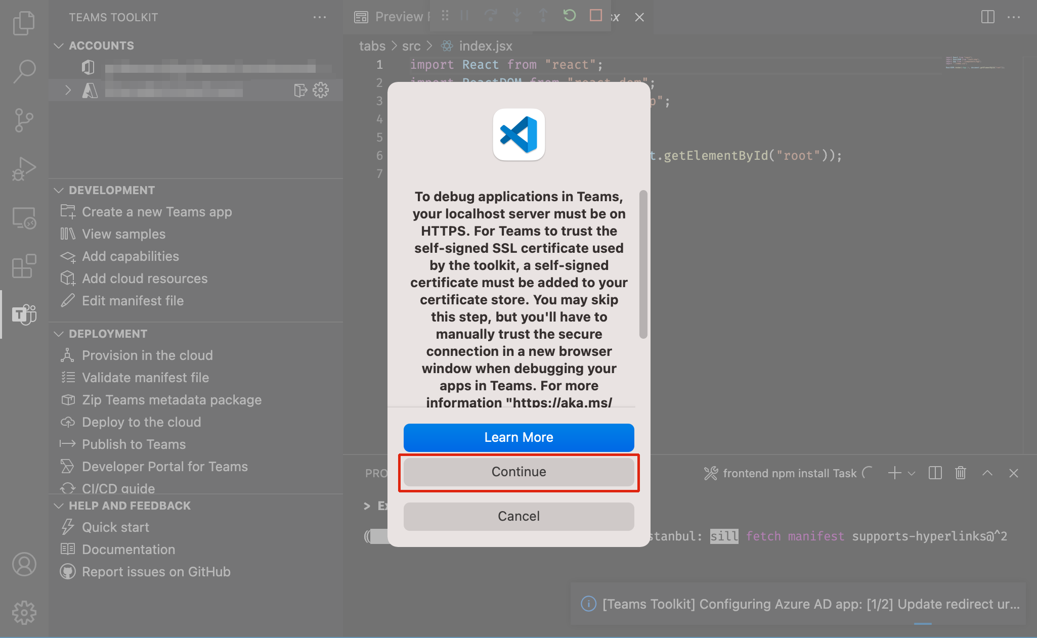 Снимок экрана: запрос на установку SSL-сертификата, чтобы разрешить Teams загружать приложение из localhost на Mac.
