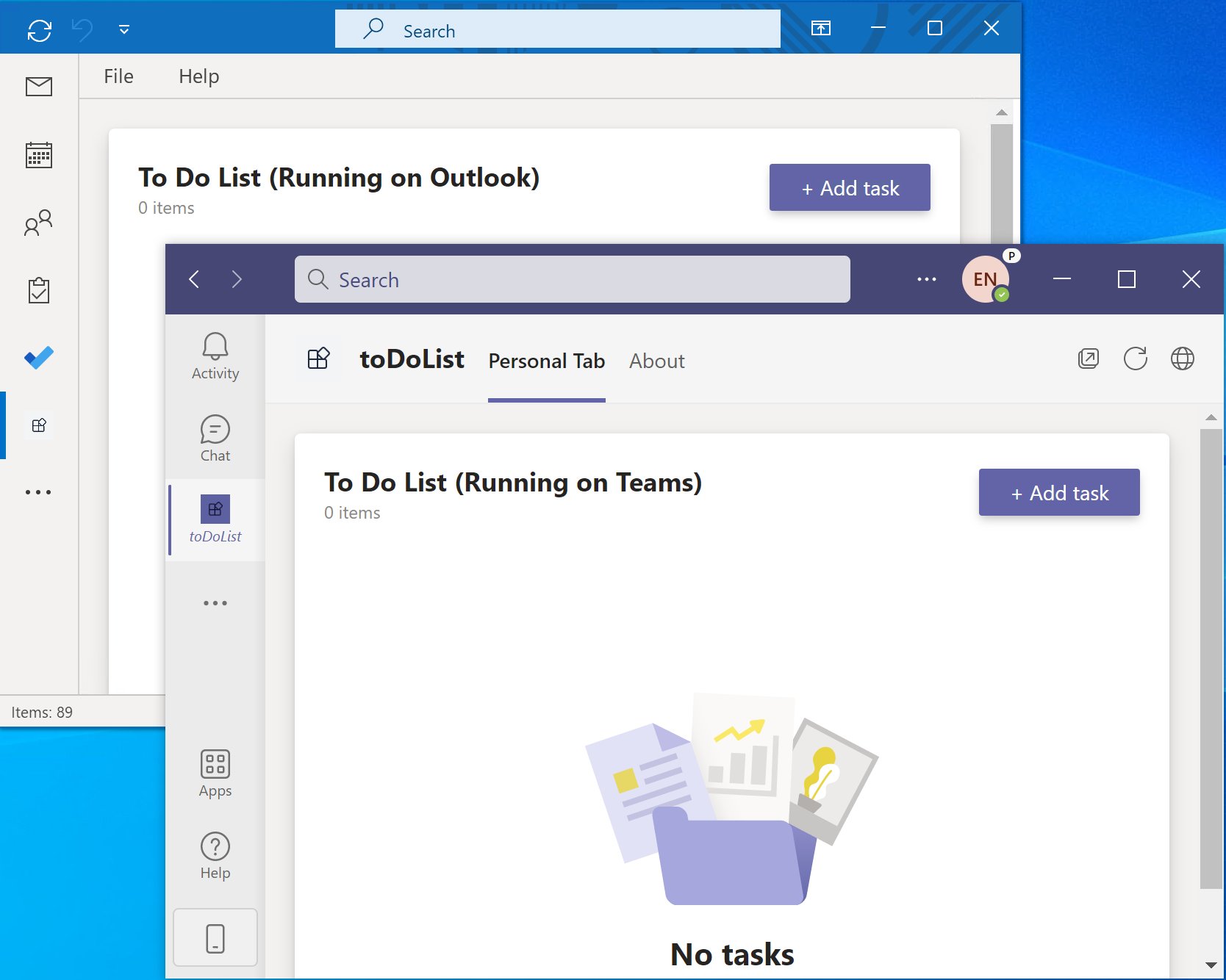 На снимке экрана показан пример вкладки Личная, запущенная в Outlook, Microsoft 365 и Teams.