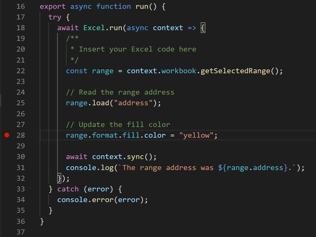 Кружок на строке кода в Visual Studio Code.