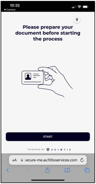 Снимок экрана: страница AU10TIX на мобильном устройстве с текстом: подготовьте документ перед началом процесса. На рисунке показана рука, удерживая карточку идентификатора.