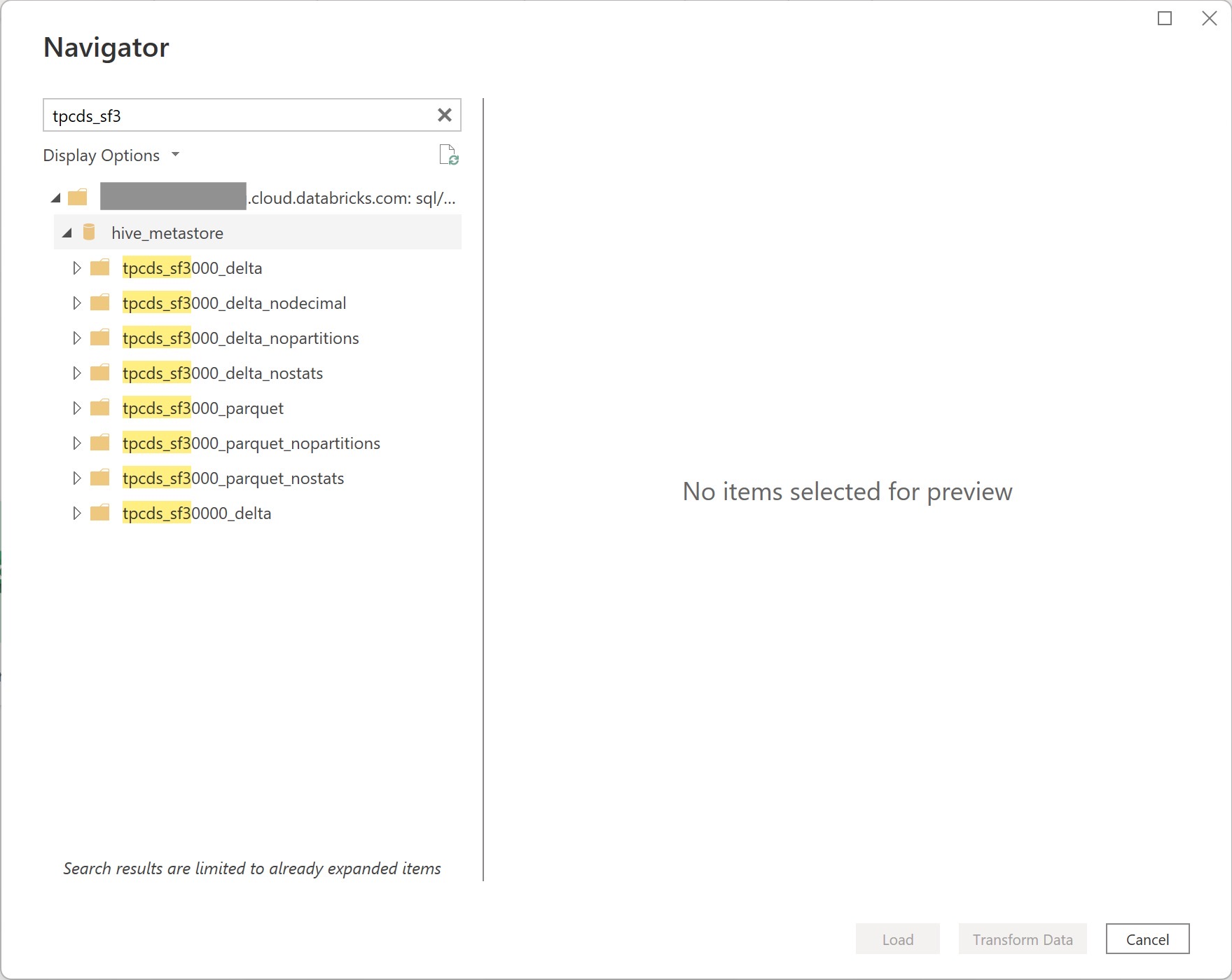 Изображение навигатора Power Query, загружающего данные Databricks Cloud в классическое приложение.