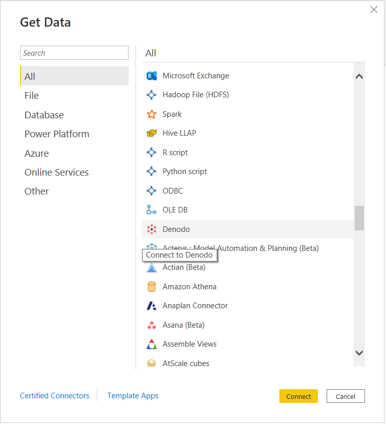 Соединитель Denodo в Power Query Desktop.