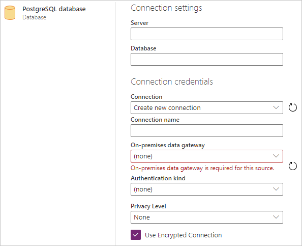 Построитель подключений PostgreSQL в Power Query Online.