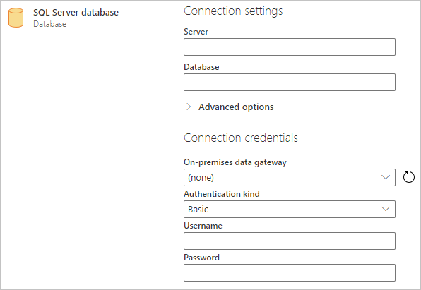 Построитель подключений к базе данных SQL Server в Power Query Online.