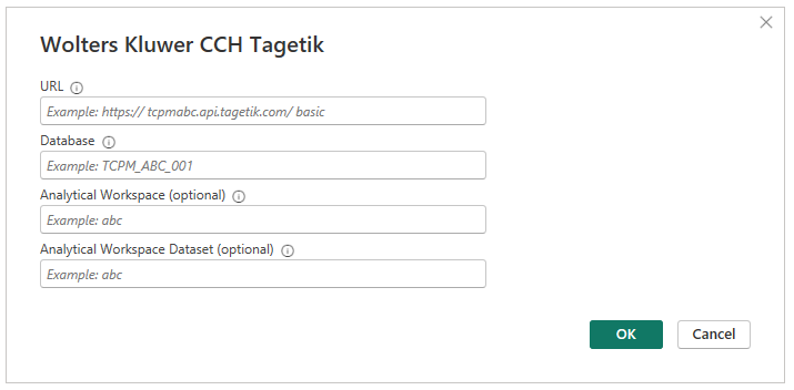 Снимок экрана: диалоговое окно параметра соединителя Wolters Kluwer CCH Tagetik.