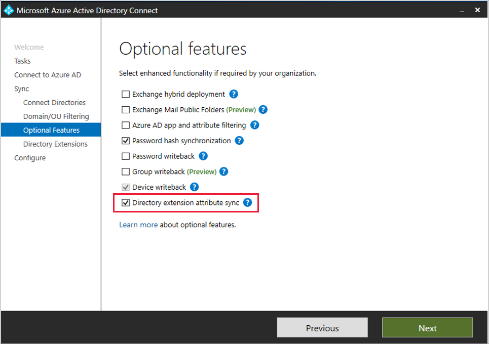 Directory attribute. Ad Azure connect. Optional features. SSPR Microsoft. Writeback.