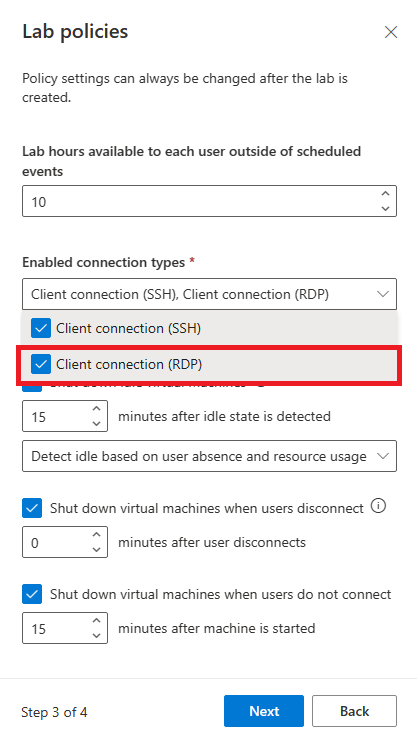 Screenshot that shows the New lab window with the Enable Remote Desktop Connection option.