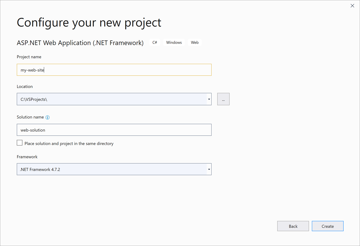 Project configuration. Настроить новый проект. Визард создания проекта .net. Выберите шаблон проекта «Windows form».