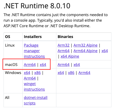 Снимок экрана, показывающий только таблицу загрузки .NET Runtime с веб-сайта загрузки .NET. Строка macOS выделена красным полем.