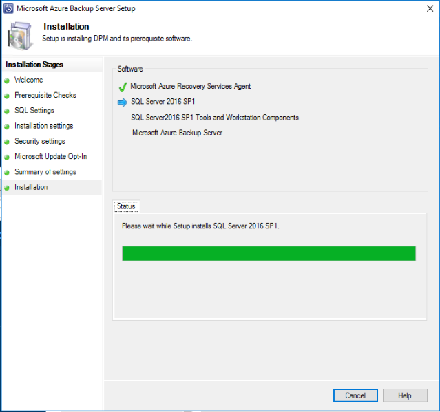 Установка устанавливает SQL и Azure Backup Server