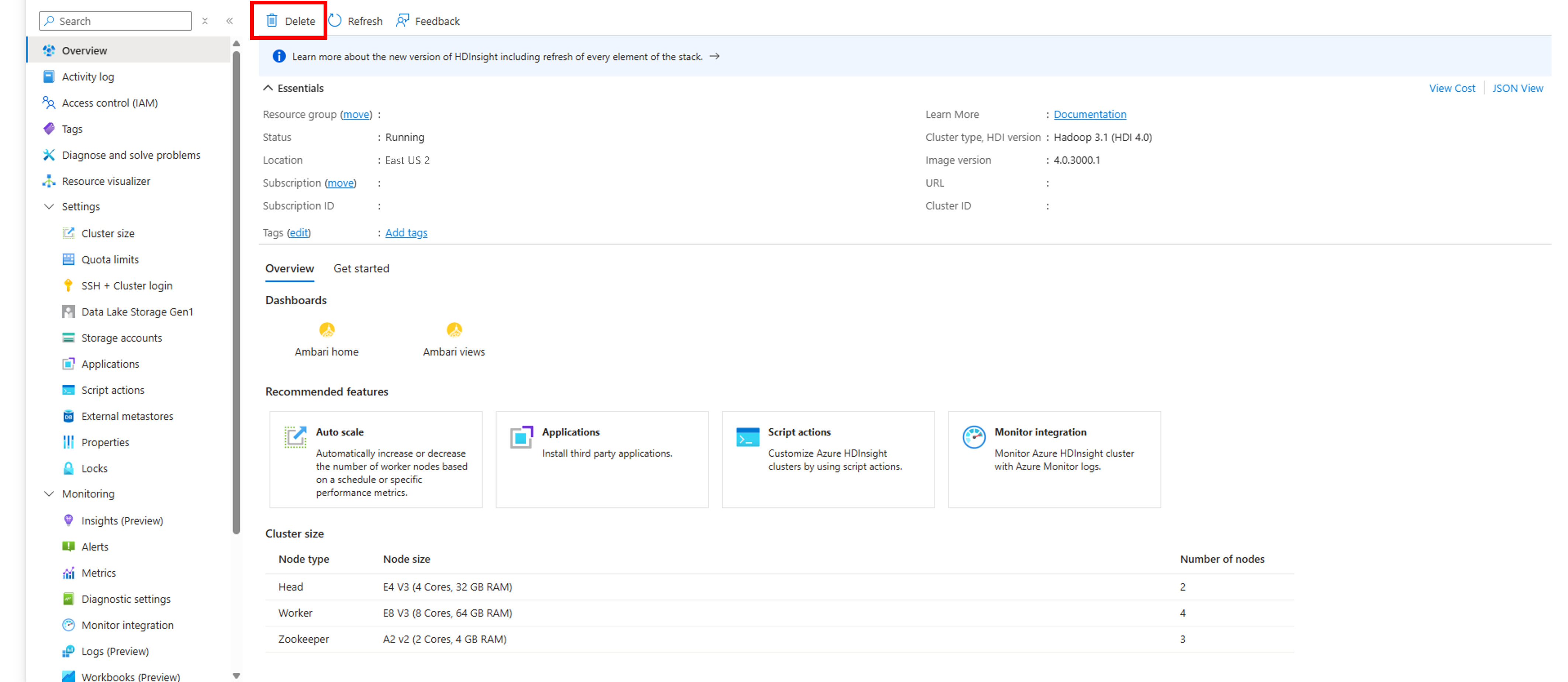 Кнопка удаления кластера HDInsight.