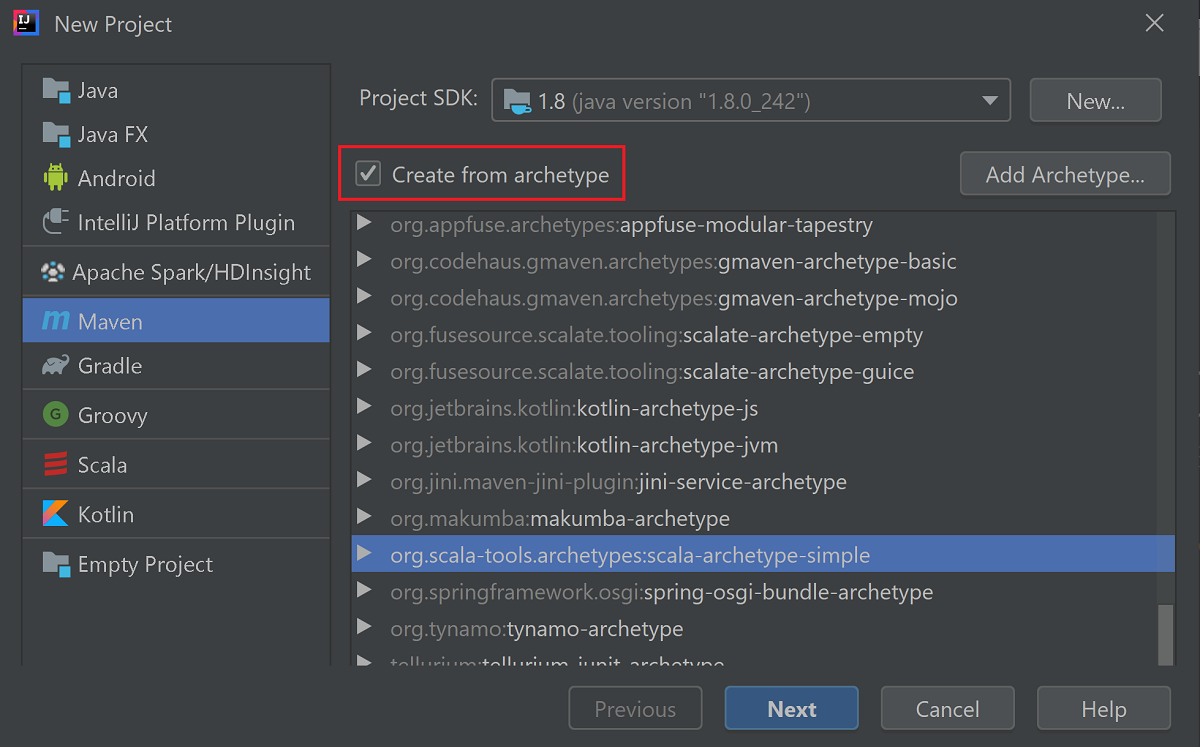 Снимок экрана: выбранный архетип в окне 
