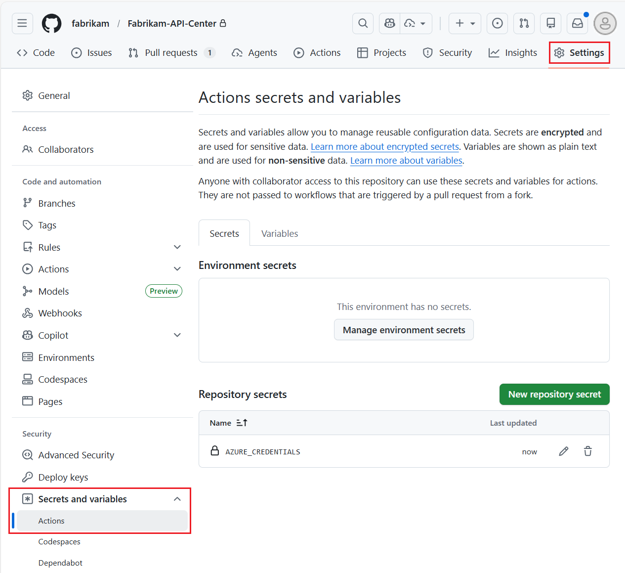 Снимок экрана: секреты для Actions в репозитории GitHub.