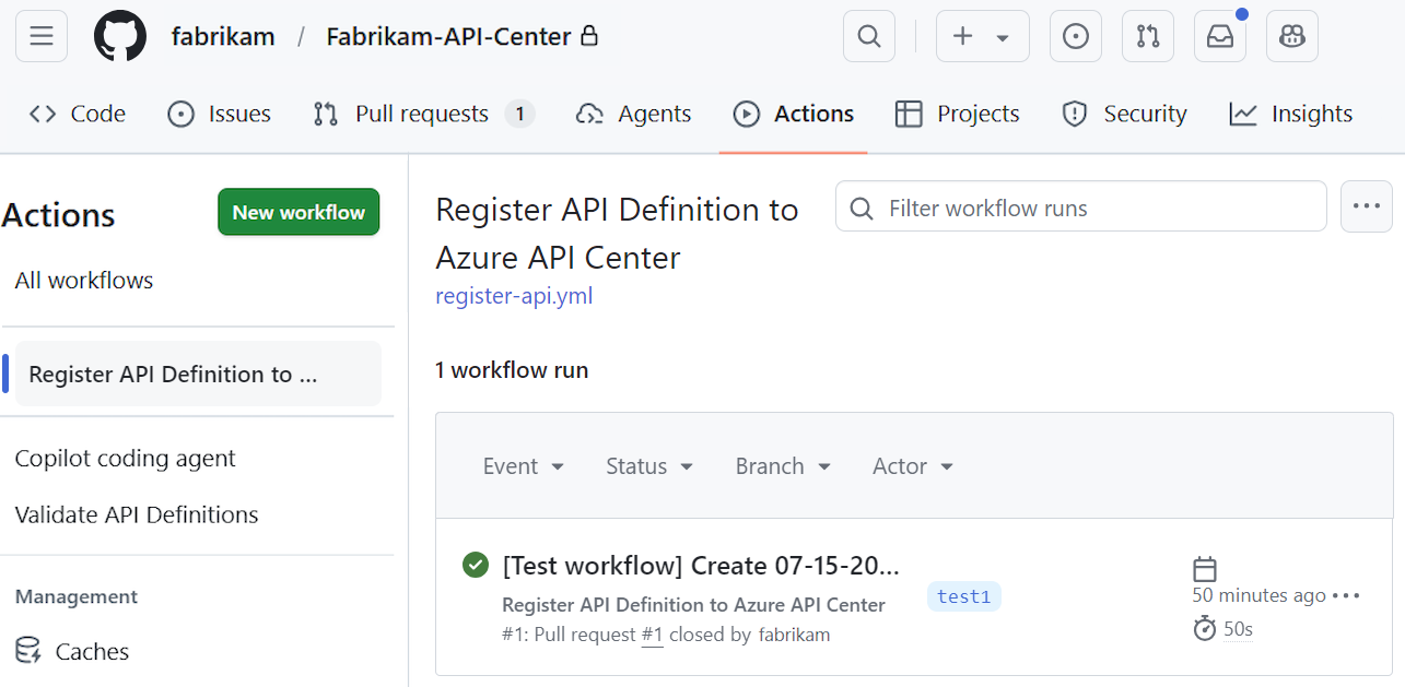 Снимок экрана: успешный запуск рабочего процесса в GitHub.