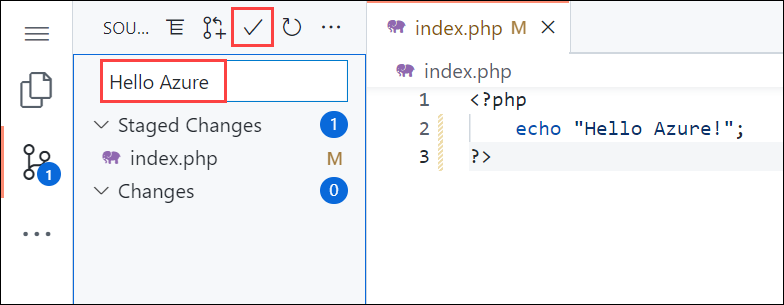 Скриншот кода Visual Studio в браузере, панель управления исходным кодом с сообщением коммита Hello Azure.