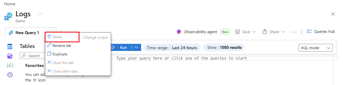 Снимок экрана: область Log Analytics, используемая для демонстрации.