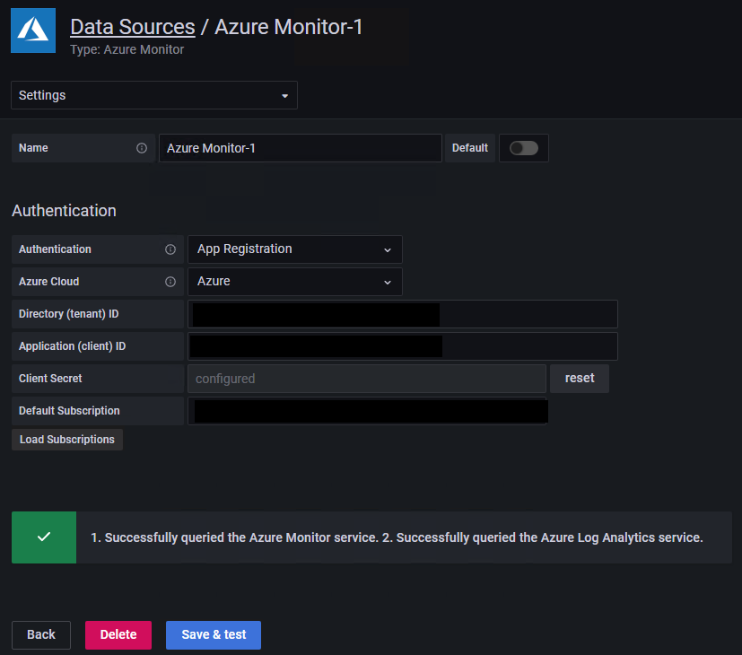 Снимок экрана: конфигурация источника данных Azure Monitor с утвержденной регистрацией приложения.