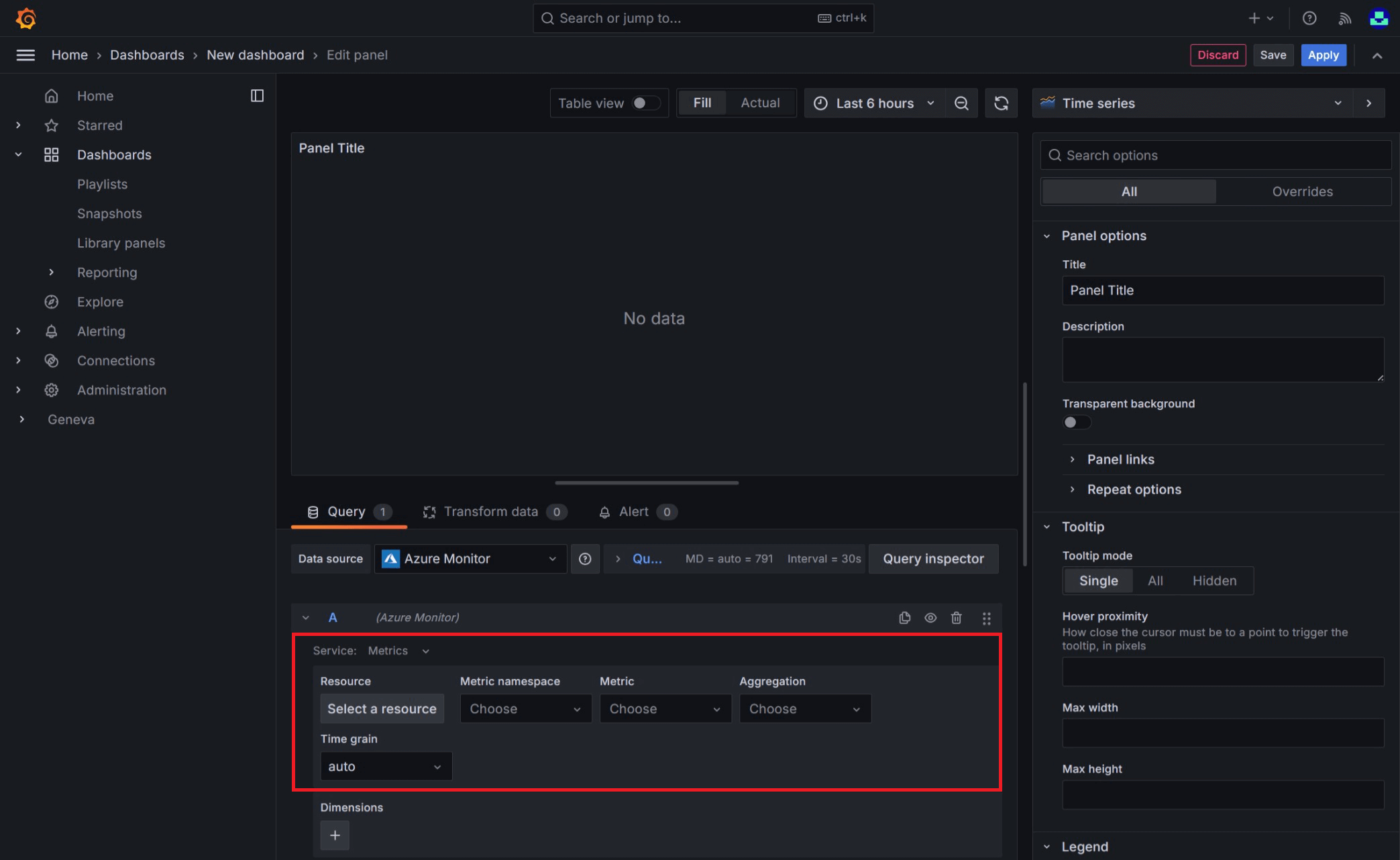 Снимок экрана: конфигурация панели Grafana для метрик Azure Monitor.