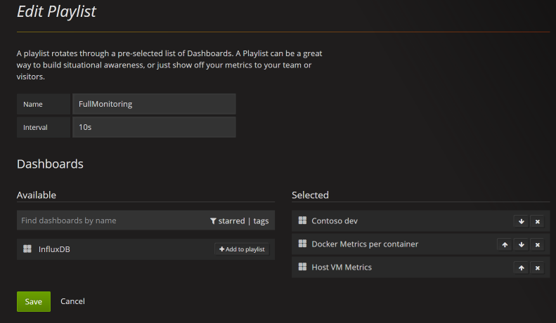 Снимок экрана: пример списка воспроизведения Grafana.