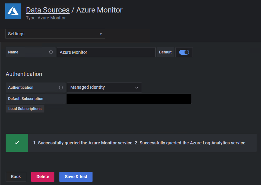 Снимок экрана: источник данных Azure Monitor с утвержденным конфигурацией управляемым удостоверением.