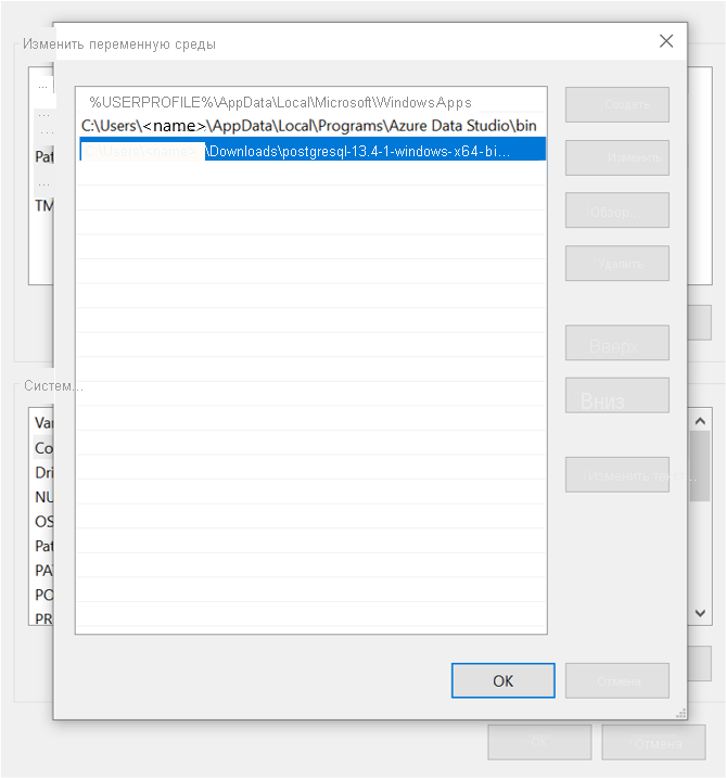 Снимок экрана: переменные среды, которые необходимо задать.