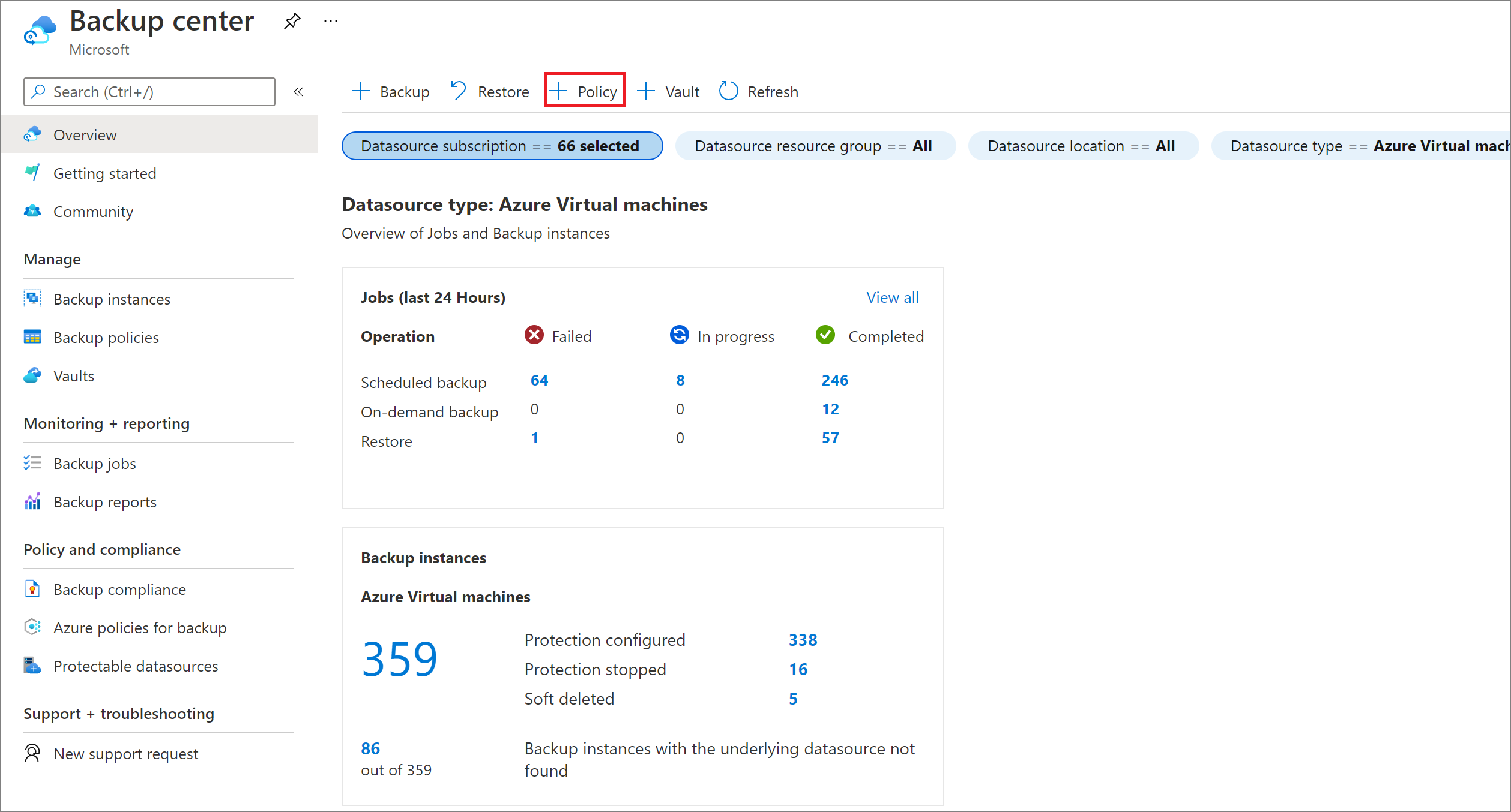 Обзор центра резервного копирования для политики резервного копирования