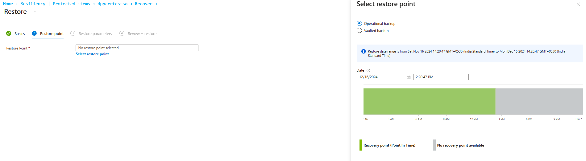 Снимок экрана показывает параметры для восстановления операционного резервного копирования BLOB-объектов.