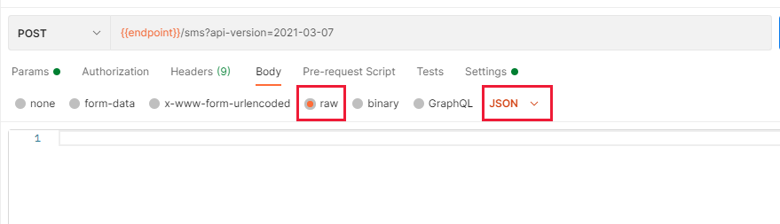 Скриншот, показывающий установку тела запроса в режим raw и формат JSON.