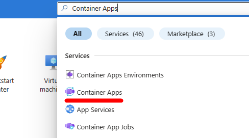Снимок экрана панели поиска на порта́ле Azure с Container App в качестве одного из результатов.