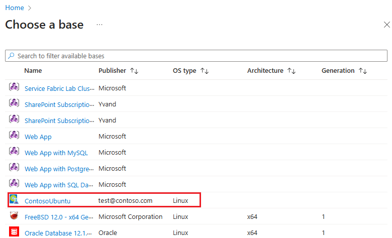 Снимок экрана: пользовательские изображения, доступные в списке базовых образов.