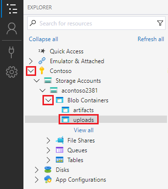 Снимок экрана, показывающий развернутый узел контейнеров BLOB с директорией загрузок.