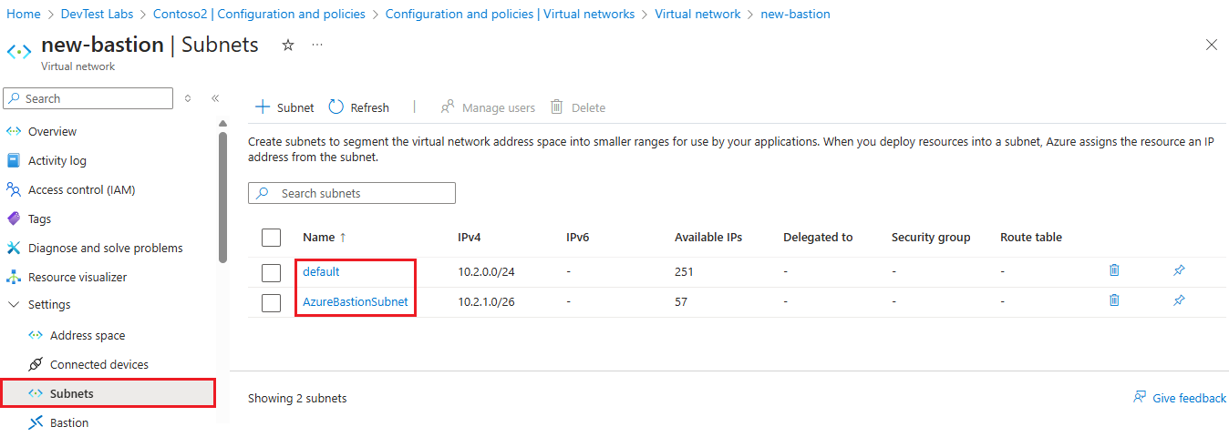 Снимок экрана: две подсети в виртуальной сети Бастиона Azure.