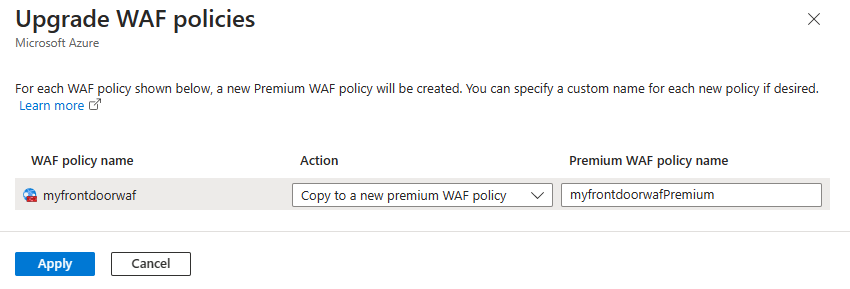 Снимок экрана экрана обновления политики WAF.