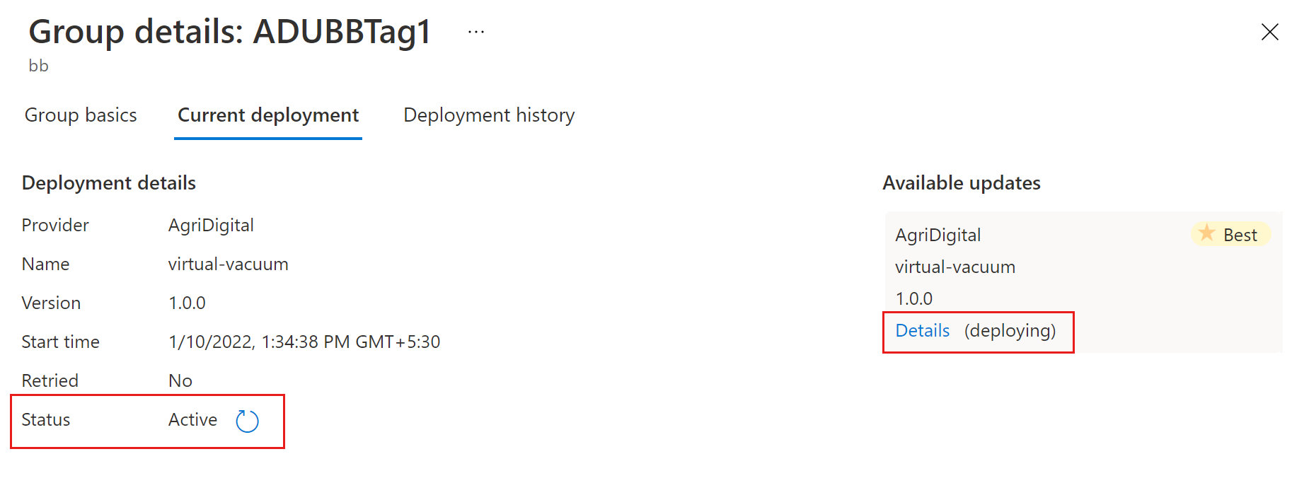 Снимок экрана: развертывание в активном состоянии.