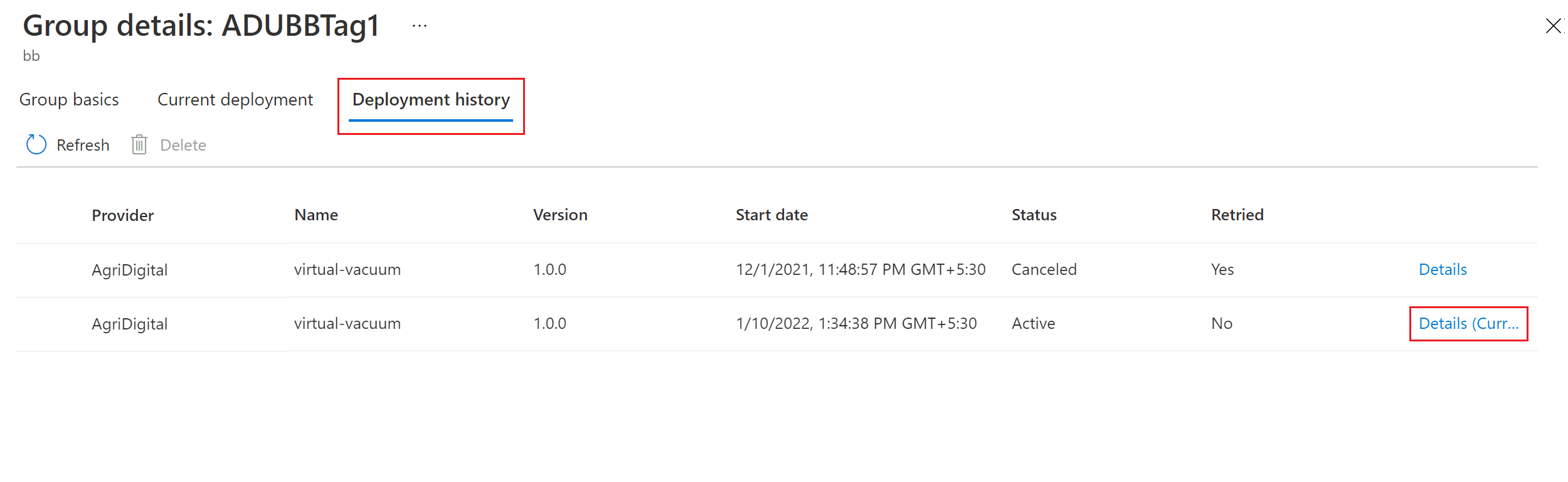 Снимок экрана: журнал развертываний.