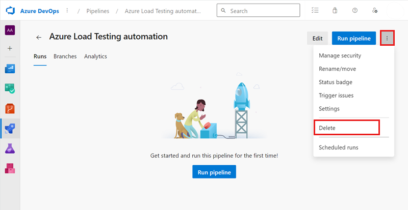Снимок экрана: удаление определения Azure Pipelines.