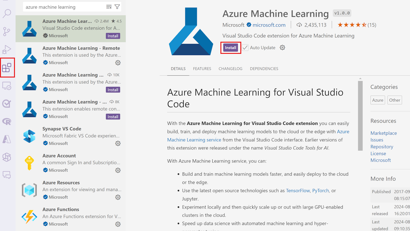 Установить расширение Машинное обучение Azure для VS Code