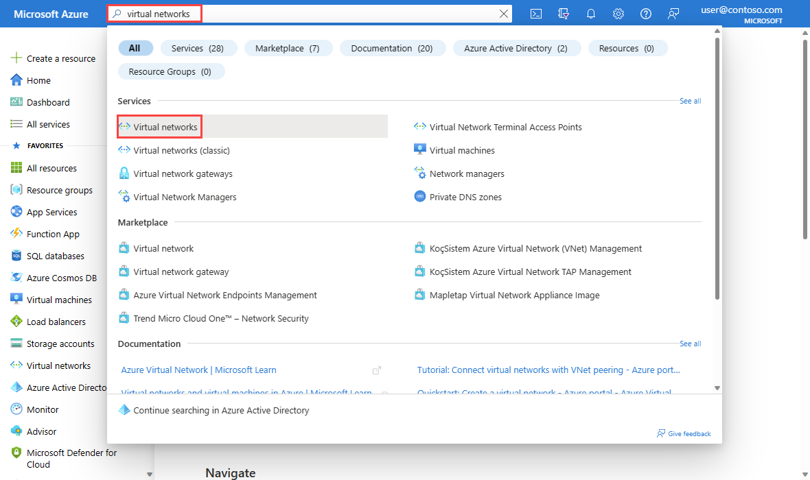 Снимок экрана: поиск виртуальных сетей в портал Azure.