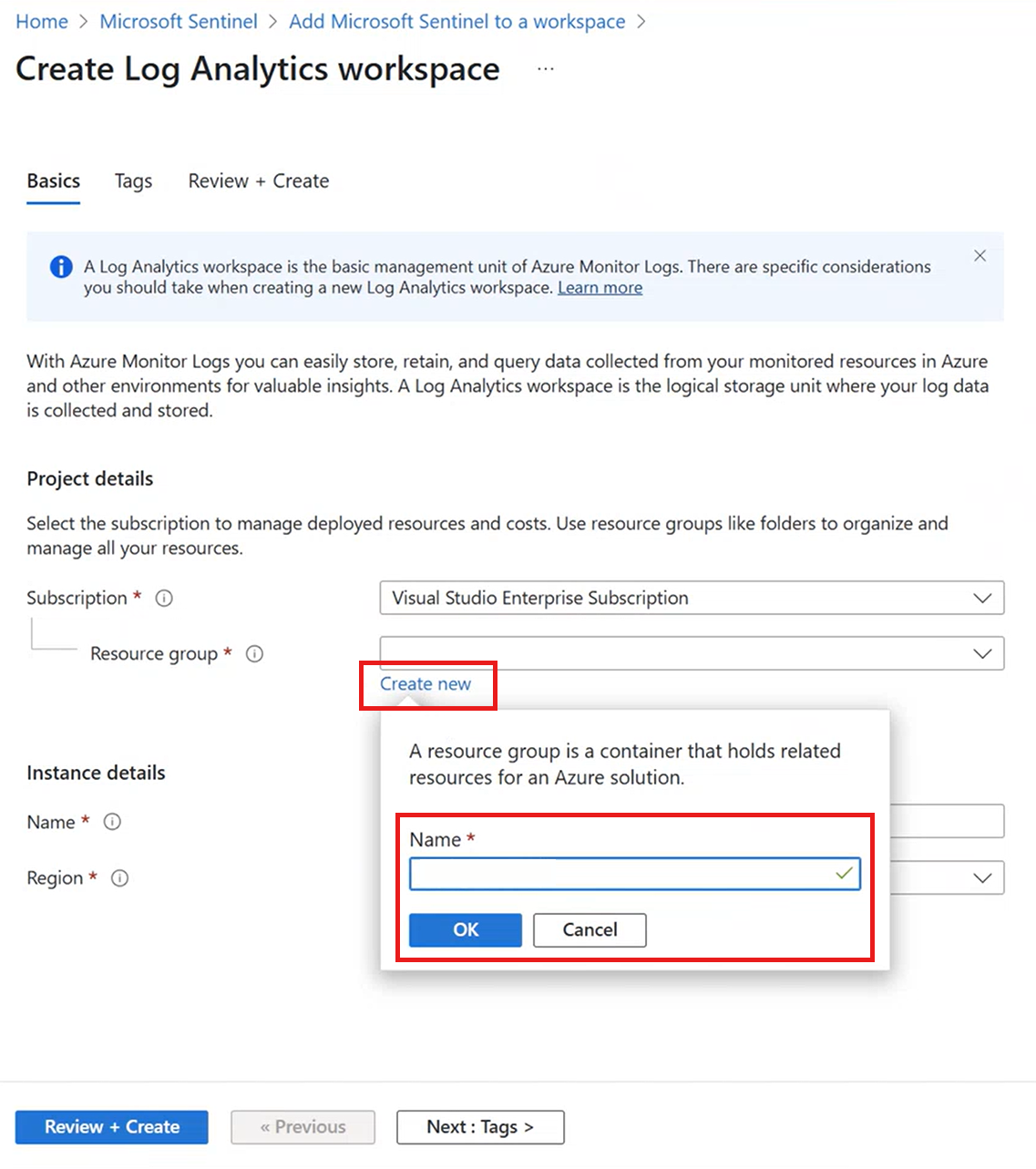 Снимок экрана создания рабочей области Log Analytics. В разделе 