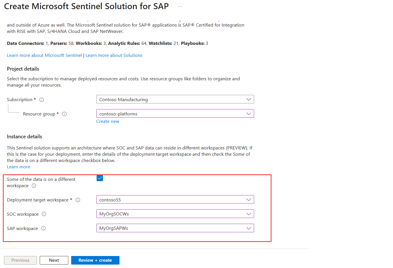 Снимок экрана: настройка решения Microsoft Sentinel для работы приложений SAP в нескольких рабочих областях.