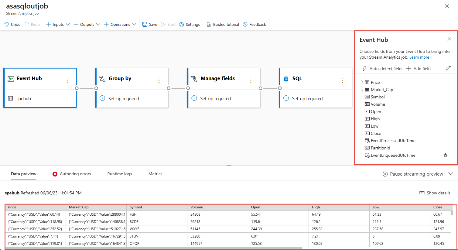 Снимок экрана: пример данных на вкладке