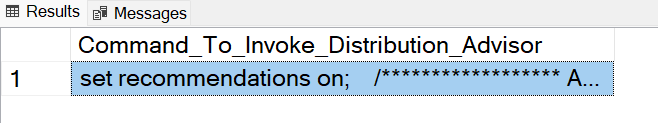 Снимок экрана результата T-SQL с командой Command_to_Invoke_Distribution_Advisor.