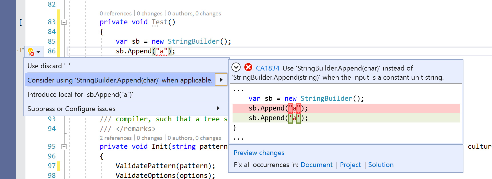 Исправление кода для правила CA1834&nbsp;— использование StringBuilder.Append(char) для строк с одним символом