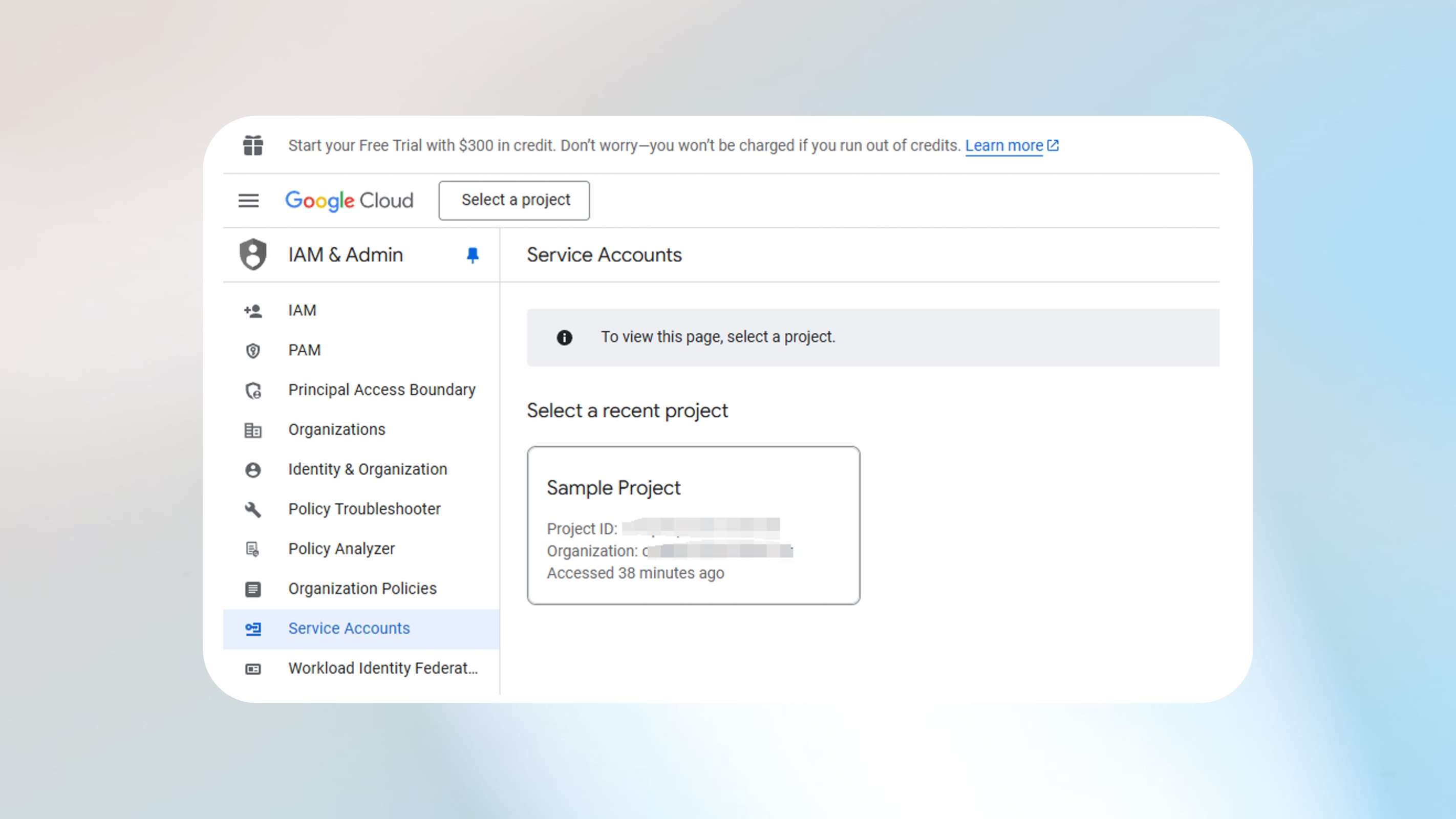 Снимок экрана: создание учетной записи службы, шаг 1.