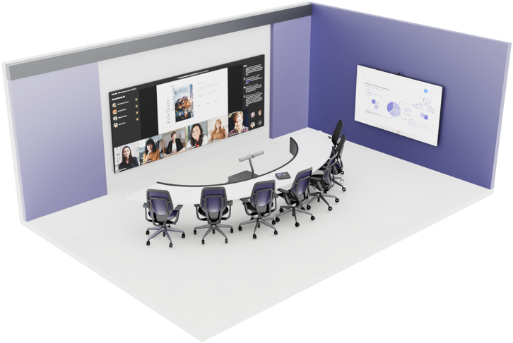 Изображение расширенной конференц-комнаты с изогнутым столом перед дисплеем с двумя экранами.