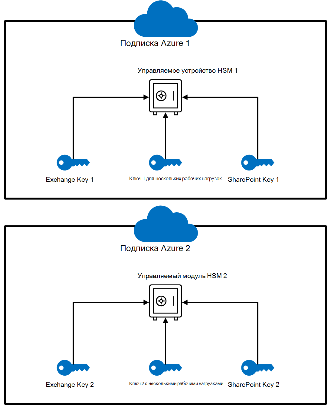 Схема упрощенной настройки устройства HSM с двумя экземплярами управляемого модуля HSM