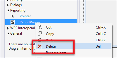Снимок экрана панели элементов Visual Studio с выделенной командой «Удалить» для элемента управления ReportViewer.